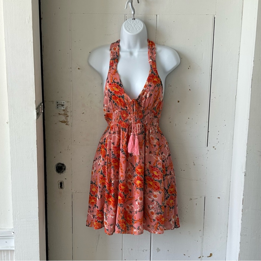 Free People BoHo Pink and Orange Sleeveless Floral Mini Dress
